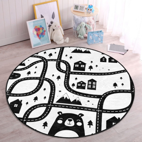 Picture of Children's Play Rug with Black And White Car Play Path Design