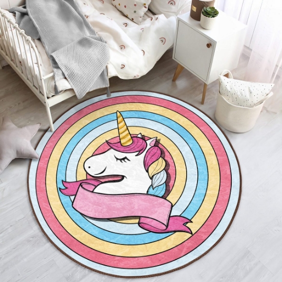Picture of Round Children's Rug with Unicorn Design in Colorful Circles