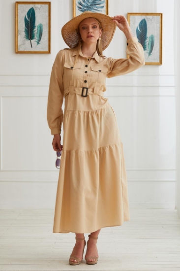 Picture of Dress with a Shirt Collar Belt - Beige