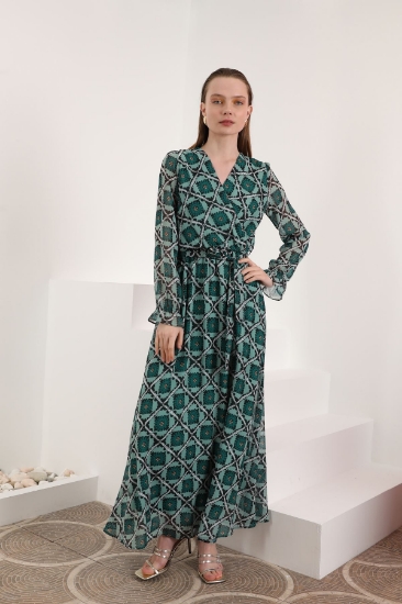 Picture of Chiffon Fabric Floral Dobby Pattern Women Dress - Green