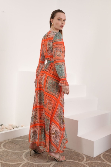 Picture of Chiffon Fabric Pach Pattern Anvelop Women Dress - Orange