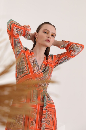 Picture of Chiffon Fabric Pach Pattern Anvelop Women Dress - Orange