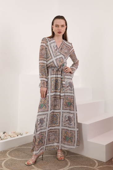 Picture of Chiffon Fabric Pach Pattern Anvelop Women's Dress - Ecru
