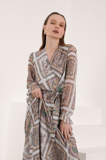 Picture of Chiffon Fabric Pach Pattern Anvelop Women's Dress - Ecru