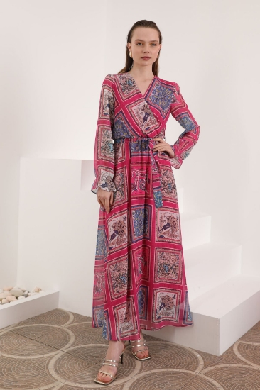 Picture of Chiffon Fabric Pach Pattern Anvelop Women's Dress - Fuchsia