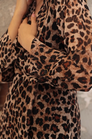 Picture of Chiffon Fabric Leopard Pattern Women Dress - Coffee