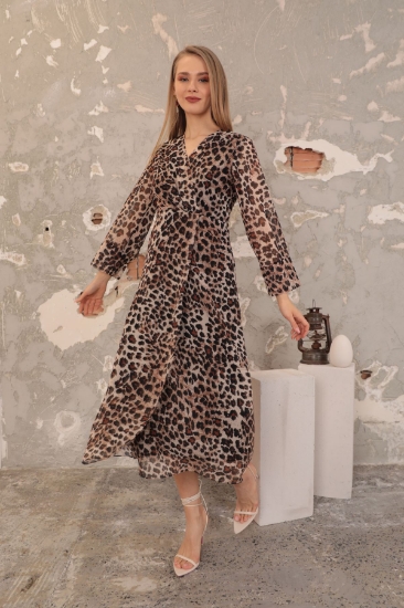 Picture of Chiffon Fabric Leopard Pattern Women Dress - Coffee