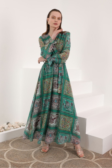 Picture of Chiffon Fabric Pach Pattern Anvelop Women's Dress - Green