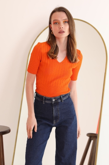 Picture of Knitwear Fabric Wick V-neck Women's Blouse - Orange