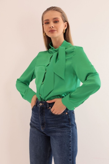 Picture of Kobe Satin Fabric Button Scarf Collar Women's Shirt - Green