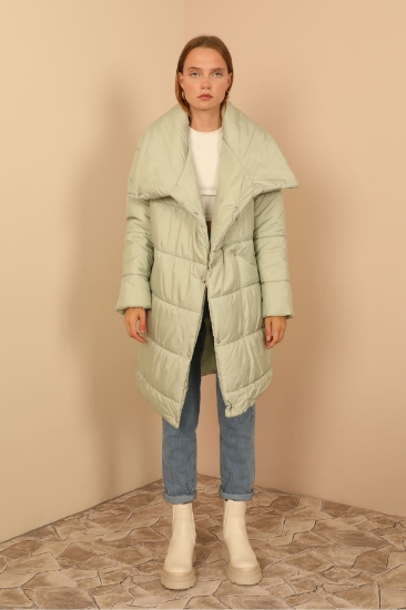 Picture of Quilted Fabric Shawl Collar Abundant Mold Collar Detail Snap Fastener Women's Coat - Mint