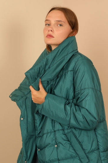 Picture of Quilted Fabric Shawl Collar Abundant Mold Collar Detail Snap Snap Women's Coat - Emerald Green