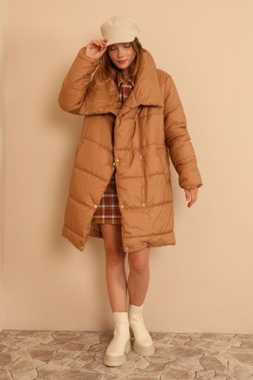 Picture of Quilted Fabric Shawl Collar Abundant Mold Collar Detail Snap Fastener Women's Coat - Camel