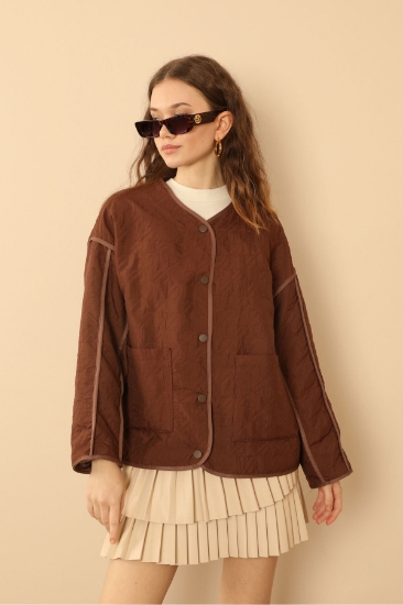 Picture of Jacquard Fabric Bead Oversize Women's Jacket - Coffee