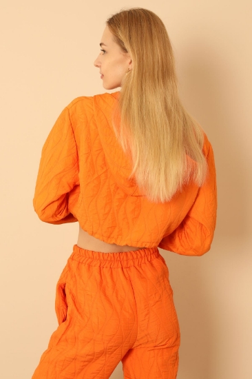 Picture of Jacquard Fabric Hooded Onion Pattern Women Crop Sweat - Orange