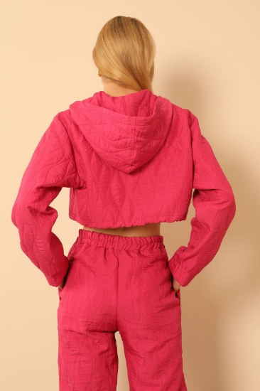 Picture of Jacquard Fabric Hooded Onion Pattern Women Crop Sweat - Fuchsia