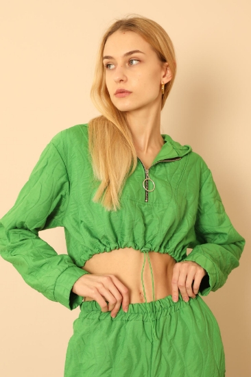 Picture of Jacquard Fabric Hooded Onion Pattern Women Crop Sweat - Green