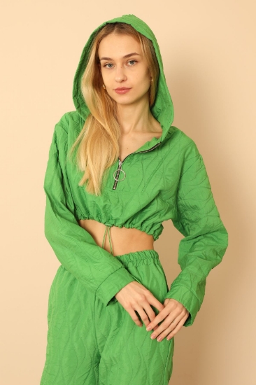 Picture of Jacquard Fabric Hooded Onion Pattern Women Crop Sweat - Green