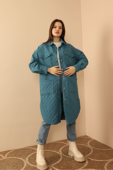 Picture of Jacquard Fabric Onion Pattern Oversize Women Long Shirt - Indigo
