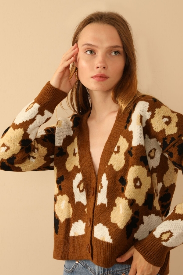 Picture of Knitwear Fabric Floral Patterned Women's Cardigan - Coffee