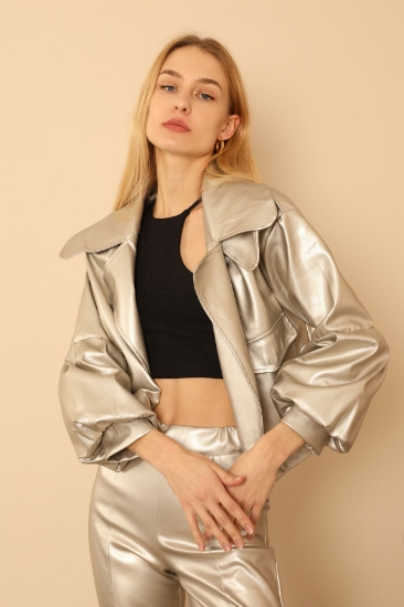 Picture of Leather Fabric Balloon Sleeve Belt Top Size Casual Mold Women's Jacket - Silver