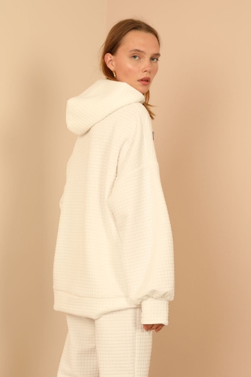 Picture of Honeycomb Fabric Long Sleeve Hooded Zipper Detailed Women's Sweatshirt - Ecru