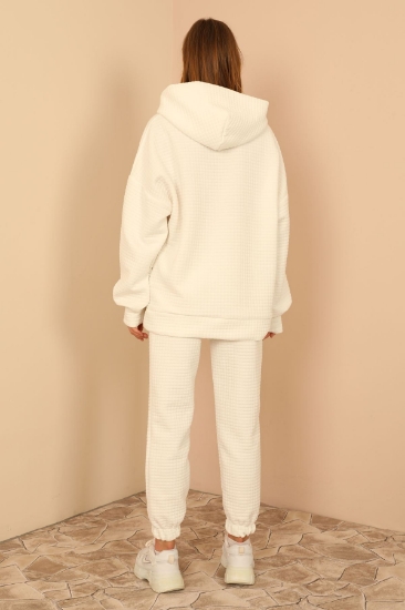Picture of Honeycomb Fabric Long Sleeve Hooded Zipper Detailed Women's Sweatshirt - Ecru
