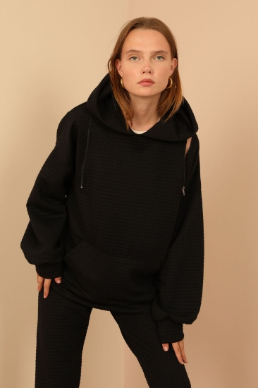 Picture of Honeycomb Fabric Long Sleeve Hooded Zipper Detailed Women's Sweatshirt - Black