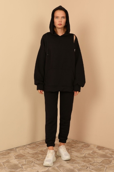 Picture of Honeycomb Fabric Long Sleeve Hooded Zipper Detailed Women's Sweatshirt - Black
