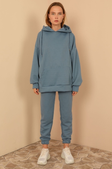 Picture of Honeycomb Fabric Long Sleeve Hooded Zipper Detailed Women's Sweatshirt - Blue