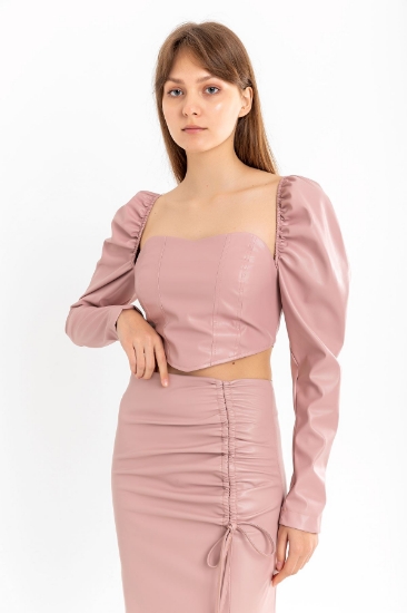 Picture of Leather Fabric Long Sleeve Strapless Heart Collar Back Zipper Detailed Women's Crop - Powder