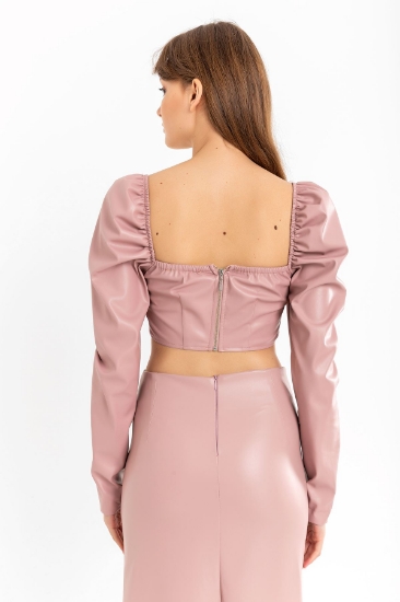 Picture of Leather Fabric Long Sleeve Strapless Heart Collar Back Zipper Detailed Women's Crop - Powder