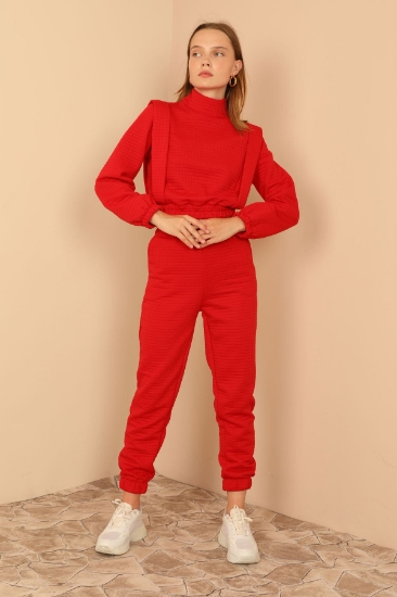 Picture of Quilted Fabric Turtleneck Collar Shoulder Detailed Women's Set - Red