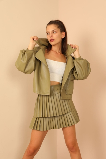Picture of Leather Fabric Balloon Sleeve Belt Top Size Casual Mold Women's Jacket - Khaki