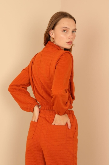 Picture of Quilted Fabric Throated Collar Shoulder Detailed Women's Set - Cinnamon