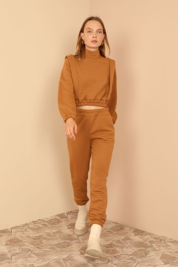 Picture of Quilted Fabric Turtleneck Collar Shoulder Detailed Women's Set - Camel