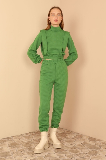 Picture of Quilted Fabric Turtleneck Collar Shoulder Detailed Women's Set - Green