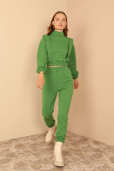 Picture of Quilted Fabric Turtleneck Collar Shoulder Detailed Women's Set - Green