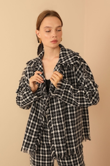 Picture of Tweed Fabric Long Sleeve Hip Size Abundant Mold Women's Jacket - Black