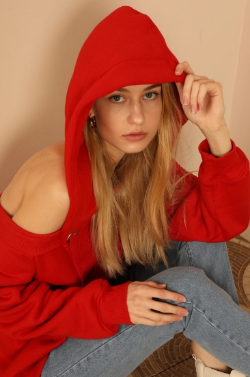 Picture of Chardon 3 Yarn Fabric Hip Size Shoulder Detailed Women's Sweatshirt - Red