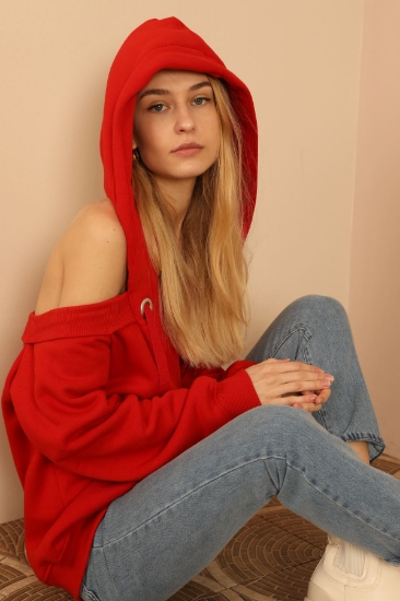 Picture of Chardon 3 Yarn Fabric Hip Size Shoulder Detailed Women's Sweatshirt - Red