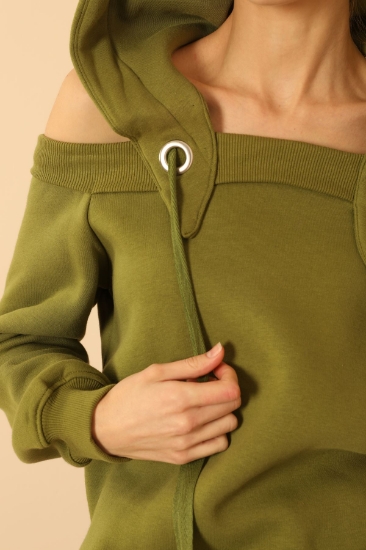 Picture of Chardon 3 Yarn Fabric Hip Size Shoulder Detailed Women's Sweatshirt - Khaki