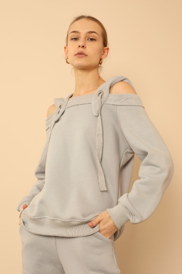 Picture of Chardon 3 Yarn Fabric Hip Size Shoulder Detailed Women's Sweatshirt - Grey