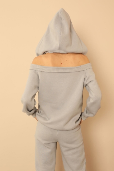 Picture of Chardon 3 Yarn Fabric Hip Size Shoulder Detailed Women's Sweatshirt - Grey