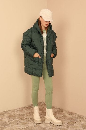 Picture of Quilted Fabric Zipper Collar Short Length Oversize/ Shabby Women's Coat - Khaki