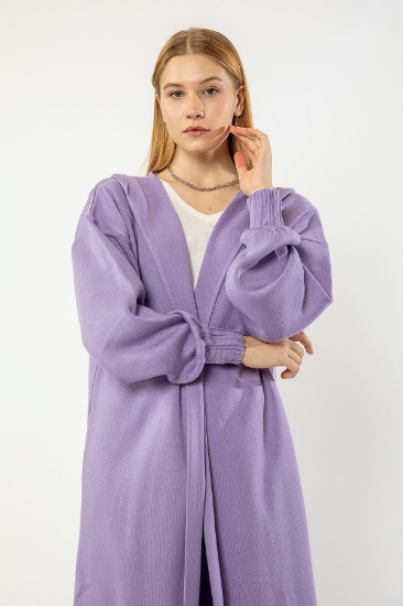 Picture of Knitwear Fabric Long Sleeve Hooded Long LengthOversize/ Shabby Belted Women's Cardigan - Lilac