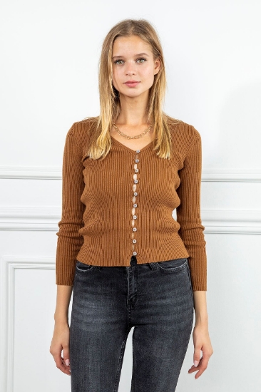 Picture of Knitwear Fabric V-neck Full Molded Button Women's Cardigan - Coffee