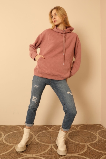 Picture of Honeycomb Fabric Hooded Hip Length Oversize/Shabby Women's Sweatshirt - Powder