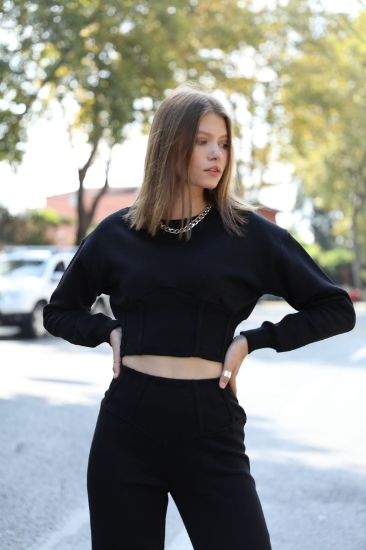 Picture of 3 Thread Fabric Long Skirt Corset Women's Sweatshirt - Black