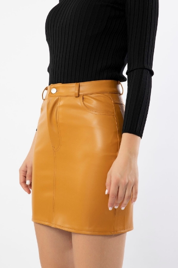 Picture of Leather Fabric Midi Size Narrow Mold Women's Skirt - Mustard